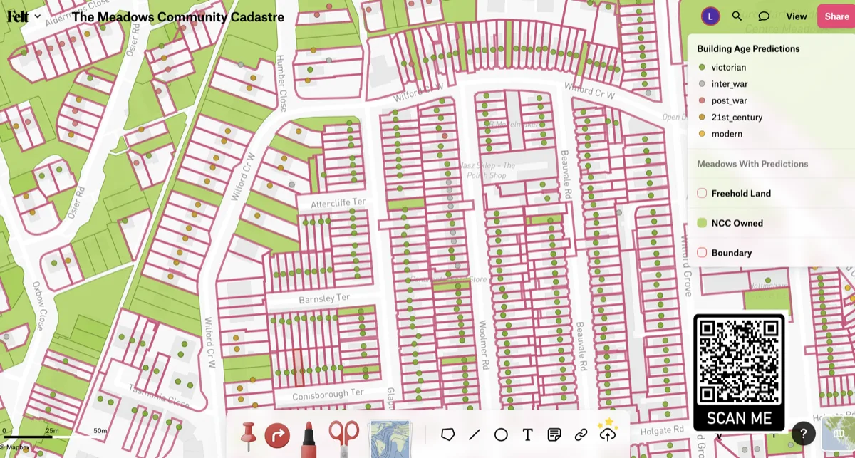 Interactive Felt map of The Meadows Community Cadastre showing predicted building ages, freehold land and council-owned land.